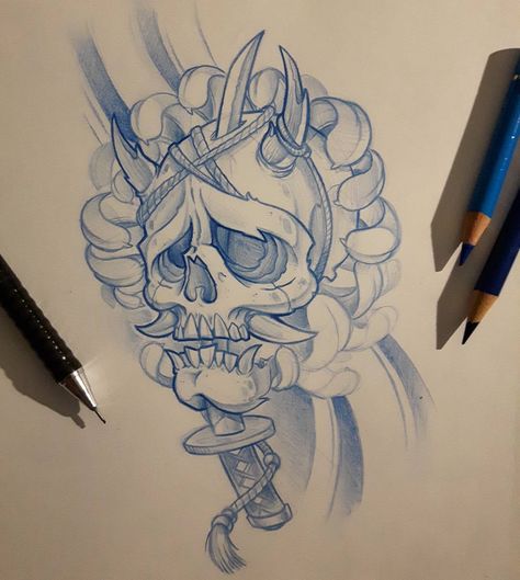 Skull #ozer #tatouage #tattoo #graffiti #loveletters #ironink #nantes #westcotedeporc #japanese #skull Japanese Skull, Color Sketches, Tattoo Graffiti, Skull Reference, Sick Tattoo, Asian Tattoos, Reference Drawing, Japan Tattoo, New School Tattoo