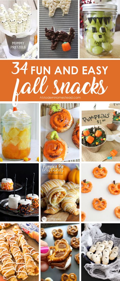 34 Easy fall snack ideas that will help you make the most of the season without taking up too much of your time! Great for fall lunches, or fall classroom parties! Teacher Snacks, Easy Fall Snacks, Fall Lunches, Fall Festival Food, Fall Snack Ideas, Fall Party Snacks, Healthy Fall Snacks, Kids Cooking Party, Homesteading Life