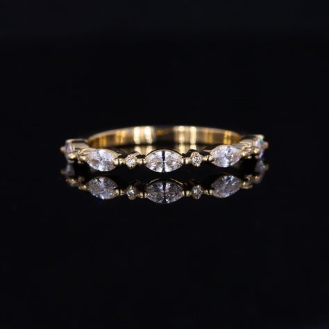 Engagement Ring, Alternative Marquise and Round Cut Colorless Moissanite Wedding Band, Half Eternity Band, Stackable Band, Anniversary Ring #diamondring #engagementring #weddingring #diamondjewelry #bridaljewelry #diamondengagementring #diamonds #vintagediamondring #vintagediamondring #halodiamondring #diamondsolitairering #rosegolddiamondring #ovaldiamondring #emeraldcutdiamondring #pearshapeddiamondring Shared Prong Wedding Band, Wedding Band Matching, Gold Eternity Ring, Rose Gold Moissanite Ring, Stacked Wedding Bands, Eternity Ring Gold, Marquise Diamond Ring, Ring Marquise, Stackable Bands