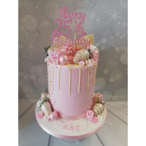 double barrel drip cake with dipped strawberry's and macarons finished off with a glitter card topper Alcohol Cake, Cake With Strawberries, 18th Birthday Cake, 40th Birthday Cakes, Birthday Cakes For Women, Cakes For Women, Drip Cake, Double Barrel, Strawberry Cakes