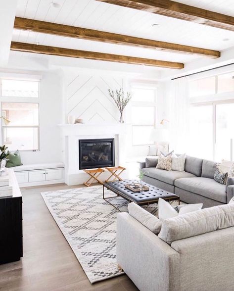 Coastal Interior Design on Instagram: “Loving the clean lines and sunny vibes of this living room! Adding faux beams to your flat ceiling space is a great way to add character…” Ceiling Beams Living Room, Flat Ceiling, Beams Living Room, Faux Beams, Coastal Interiors Design, Furniture Placement, Coastal Interiors, Interiors Design, Interior Design Portfolio