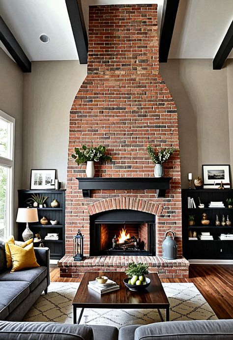 15 Best Brick Fireplace Ideas to Transform Your Living Space » HomeDecorFull Brick Fireplace Craftsman, Brick Fireplace With Log Storage, Rooms With Red Brick Fireplaces, Old Red Brick Fireplace, Dark Red Brick Fireplace, Brick Fireplace Ideas Living Room, Arch Brick Fireplace, Family Room With Red Brick Fireplace, Red Brick Fireplace Makeover Ideas