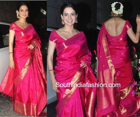 Parted Updo, Pink Kanjeevaram Saree, Updo With Flowers, Indian Sari Dress, Kangana Ranaut, Wedding Saree Collection, Fashion Indian, Indian Saree Blouses Designs, Traditional Saree