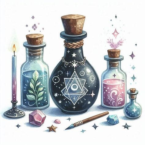 Magic Potion Bottles Drawing, Cauldron Drawing, Potion Drawing, Potion Bottles Drawing, Bottle Reference, Witchy Diy, Sticker Typography, Witch Potion, Bottle Drawing