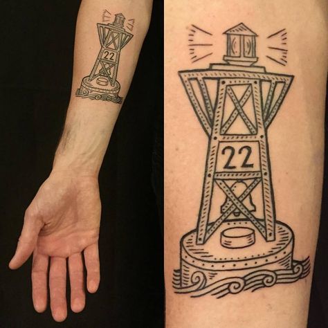 Duke Riley tattoo. Red 22 is the buoy closest to Bay Ridge Brooklyn in New York Harbor. Creepy Lighthouse Tattoo, Harbor Tattoo, Buoy Tattoo, Riley Tattoo, Duke Riley, Bay Ridge Brooklyn, Brooklyn Image, Navy Tattoos, Brooklyn Tattoo