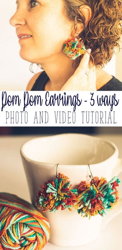 Make your own Pom Pom Earrings tutorial. Make yarn earrings three ways with video from Life Sew Savory How To Make Yarn Earrings, Diy Yarn Earrings, Yarn Earrings, Inspiration Crafts, Pom Earrings, Earrings Tutorial, Pom Pom Maker, How To Make A Pom Pom, Diy Pom Pom