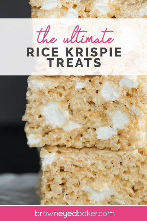 The BEST Rice Krispie Treats! This recipe turns out huge, perfectly soft and gooey rice krispie treats with extra non-melted marshmallows mixed in! #ricekrispietreats #snacks via @browneyedbaker Vegan Rice Krispie Treats, Krispie Treats Recipe, Rice Krispies Treats, Krispy Treats, Krispies Treats, Rice Krispy, Butter Rice, Rice Crispy Treats, S'mores