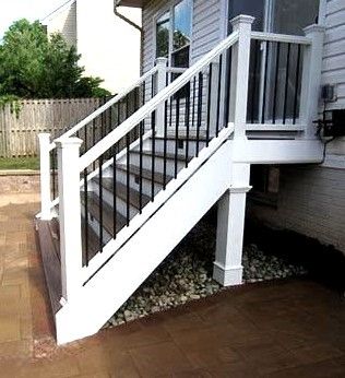 Deck Stair & Landing Design Ideas - Increase Your Home's Value | SEAL-A-DECK Back Porch Stairs To Patio, Patio Steps From House With Rails, Backyard Stairs To Patio, Back Door Stairs To Patio, Trex Stairs To Patio, Stairs Down To Patio, Backyard Stairs From House, Back Steps To House, Patio With Steps Down From House