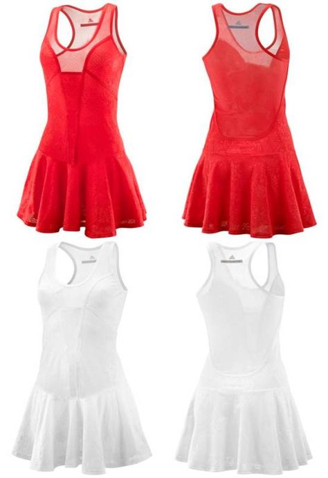 Women’s Tennis Performance Dress from Adidas by Stella McCartney. It comes in white and red and is certainly a revealing piece in a modish manner, styled with the fusion of lace and mesh. Girl Golf Outfit, Netball Dresses, Xmas Party Outfits, Tennis Design, Tennis Outfits, Tennis Wear, Tennis Outfit Women, 2012 Fashion, Tennis Outfit