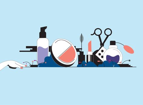 cosmetics shelf by Sara Taha Beauty Illustration Makeup, Flatlay Illustration, Cosmetic Illustration, Cosmetics Shelf, Hair Salon Price List, Hair Salon Prices, Cosmetics Illustration, Salon Price List, Colour Pallets