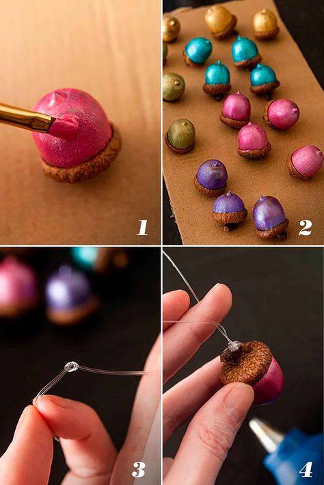 These homemade, metallic-painted acorn Christmas ornaments are so bright and pretty! They're such a fun DIY craft project for the whole family, and so simple too! All you need are a few big acorns, a paintbrush, string, a hot glue gun and some pretty metallic paints! Acorn Christmas Ornaments, Acorn Painting, Natural Fall Decor, Acorn Decorations, Natural Ornaments, Fun Diy Craft Projects, Acorn Ornaments, Acorn Crafts, Fall Arts And Crafts