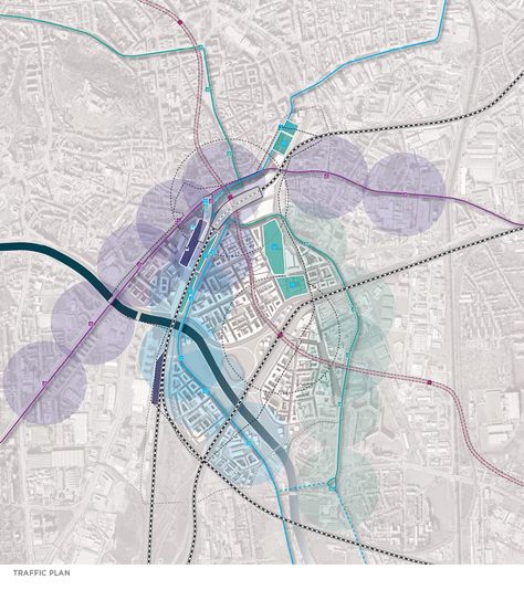 brno master plan by dutch urban solutions. This specific diagram is mapping out the traffic plan of the site in context. I chose to pin this diagram to lead you to the site once you click on the pin. Once on the site, there are many different site analysis diagrams that really go into detail into specific topics which I think is successful because it diminishes clutter of having everything piled upon one graphic. This diagram is aesthetically while containing info needed Urban Mapping, Site Analysis Architecture, Map Diagram, Urban Design Diagram, Urban Analysis, Urban Design Graphics, Urban Design Architecture, Urban Design Concept, Urban Design Plan