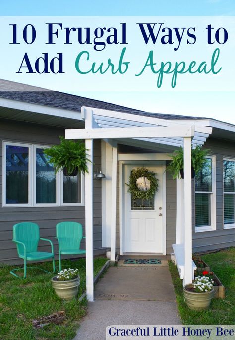 Learn 10 Frugal Ways to Add Curb Appeal including repurposing old items and repainting your door! Front Yard Inspiration Curb Appeal, Diy Curb Appeal On A Budget, Easy Curb Appeal Ideas, Curb Appeal Ideas, Improve Curb Appeal, Curb Appeal Landscape, Add Curb Appeal, Front Yards Curb Appeal, Diy Curb Appeal