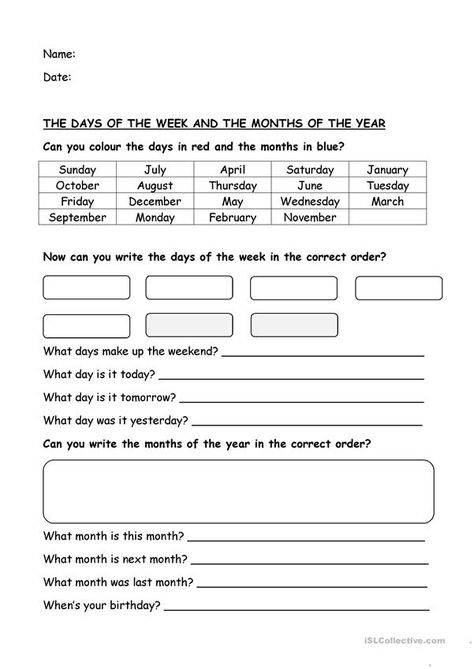 Days of the week and months - English ESL Worksheets for distance learning and physical classrooms Preposition Worksheets Kindergarten, Evs Worksheet, Days Of The Month, December Writing, Calendar Worksheets, Marketing Calendar Template, Word Family Worksheets, Kids Homework, English Worksheets For Kids