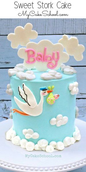 Stork Cake, Storch Baby, My Cake School, Rodjendanske Torte, Stork Baby Showers, Fondant Baby, Cake Decorating Videos, Shower Cupcakes, Baby Shower Cupcakes