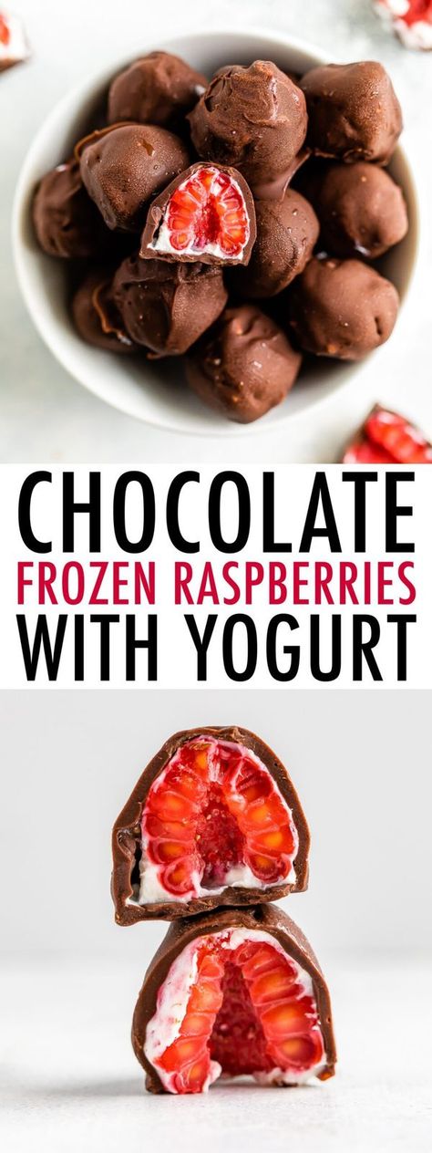 These chocolate frozen raspberries are coated in yogurt and covered in chocolate for a healthy, bite-size treat. One serving (4 raspberries) has less than 90 calories and only 1 gram of sugar! #chocolateraspberries #frozenraspberries #trufru #yogurt #eatingbirdfood #cleaneatingdessert #frozendessert #chocolate Noom Desserts, Techwear Trousers, Raspberry Yogurt, Chocolate Yogurt, Plant Based Yogurt, Yogurt Bites, Pants Chain, Frozen Raspberries, Clean Eating Desserts