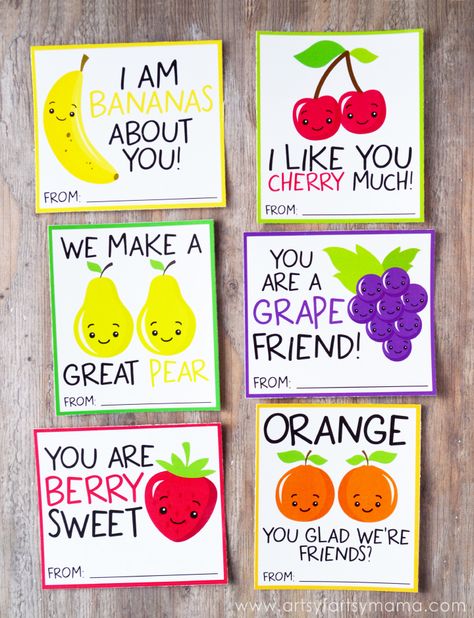 I'm excited to share another free printable with you today that will be the perfect valentine for your kid’s classroom or a Valentine’s Day Party!     <em class=short_underline>  </em>  One of my favorite things to design are fun and free printable Valentines for your kids to hand out to their friends and classmates every year. These six fruity Valentines will be a sweet and punny addition to every Valentine's Day party or eve... Fruit Sayings, Fruit Valentines, Romantic Diy Gifts, Cute Printables, Valentines Printable, Valentine's Day Printables, Fruit Party, Diy Gifts For Friends, Valentines Printables Free