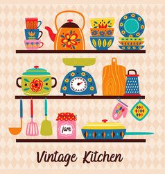 Kitchen shelves Royalty Free Vector Image - VectorStock Kitchen Items Drawing, Shelves Illustration, Kitchen Illustration Art, Baking Illustration, Kitchen Collage, Habits Book, Vintage Utensils, Shelves Design, Diy Crafts Bookmarks