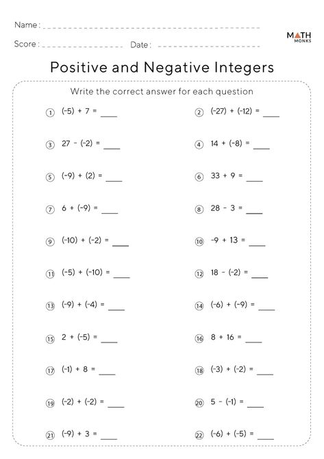 1st grade math worksheets word problems Addition Of Integers Worksheet, Subtracting Integers Worksheet, Math Worksheets For Kids, Maths Notes, Math Integers, Adding And Subtracting Integers, Maths Worksheet, Negative Integers, Integers Worksheet