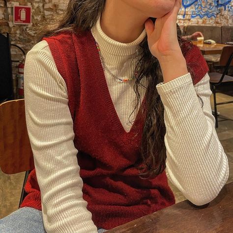 Red Sweater Vest Outfits For Women, Red Vest Outfits Aesthetic, Outfits With Red Turtleneck, Burgundy Sweater Vest Outfit, Red Knitted Vest Outfit, Red Knit Vest Outfit, Red Waistcoat Outfit, Red Waistcoat Outfit Women, Target Outfits Employee