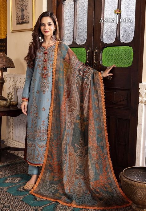 Pakistani Winter Dresses, Pakistani Dresses Online, Asim Jofa, Readymade Saree, Pakistan Fashion, Chiffon Collection, Embroidered Sleeves, Cotton Dupatta, Winter Dress