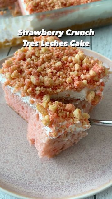 RoseAustinCooks on Instagram: "Try my Strawberry Crunch Tres Leches cake. You’ll be glad you did🥰🍓🍰 Recipe link in bio. #strawberrytresleches #tresleches #bakewithme #strawberrycrunch #strawberrycake #roseaustincooks" Strawberry Tree Leches Cake, Strawberry Shortcake Tres Leches Cake, Banana Tres Leches Cake, Strawberry Crunch Tres Leches Cake, Tres Leches Cookies, Red Velvet Tres Leches Cake, Strawberry Crunch Tres Leches, Strawberry Tres Leches Cake, Strawberry Tres Leches