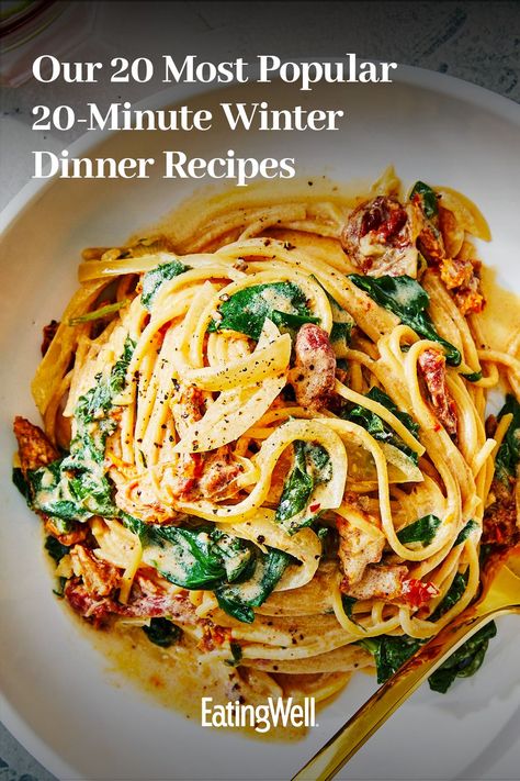 These flavorful, easy and quick 20-minute dinners are some of the most popular on the EatingWell site for being the perfect seasonal dishes to make during winter. Try dishes like our One-Pot Garlicky Shrimp & Broccoli and Minestra Maritata (Italian Wedding Soup), and you’ll find out why these are some of the most-visited recipes on the EatingWell site. Easy Light Dinners For Two, Casual Dinner Ideas Food, Simple Dinner For Guests, Skinnytaste Recipes Dinners Most Popular, Easy Healthy Comfort Food, Modern Proper Recipes, Dinner For A Cold Day, Quick Tasty Dinners, Dinners To Take To Families