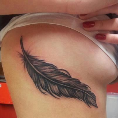 Feather Tattoo On Chest For Women, Feather Tattoos Underboob, Feather Tattoos On Stomach, Feather Tattoo Ribs, Feather Hip Tattoos, Feather Rib Tattoos, Tattoo Tour, Doberman Tattoo, Forearm Cover Up Tattoos