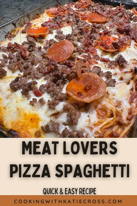 This Meat Lovers Pizza Spaghetti recipe features all the flavors of a traditional meat lovers pizza packed into simple spaghetti dish that the whole family will love. Meat Lovers Spaghetti, Meat Lovers Pizza Spaghetti Bake, Baked Pizza Spaghetti, Pizza Spaghetti Bake, Meat Lovers Pizza Casserole, Spaghetti Easy Recipe, Spaghetti Easy, Pizza Spaghetti, Bacon Meatloaf