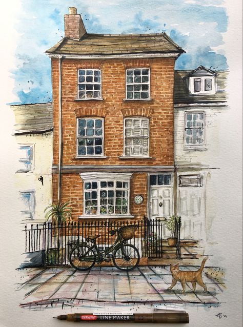 Brick House Sketch, Brick House Watercolor Painting, Watercolour Buildings Paintings, Watercolor Brick House, Watercolor Homes, London Prints, British House, San Myshuno, Watercolor House Painting