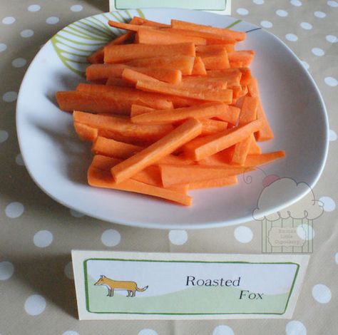 Gruffalo party food - roasted fox - carrot sticks Cake Shooters, Gruffalo Party, Book Craft, Eyfs Activities, Carrot Sticks, The Gruffalo, Party Projects, Birthday Party Food, Messy Play