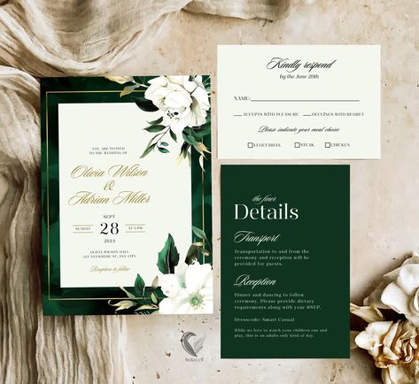 This invitation is a stunning blend of elegance and nature, perfect for your special day. The deep emerald green background, accented with delicate white flowers and luxurious gold detailing, creates a sophisticated and timeless look that will leave a lasting impression on your guests. TRY BEFORE YOU PURCHASE Copy the link and paste it into your browser. DEMO Link: https://www.canva.com/design/DAGG6okSqF4/2P9L2G8SAoDutRiLWYmOSg/view?utm_content=DAGG6okSqF4&utm_campaign=designshare&utm_medium=lin Wedding Invitations Forest Green, Dark Green Wedding Invitations, Dark Green And Gold Wedding, Fall Wedding Planning, Gold Wedding Invite, Botanical Invitation, Green Floral Wedding, Green And Gold Wedding, Dark Green Wedding