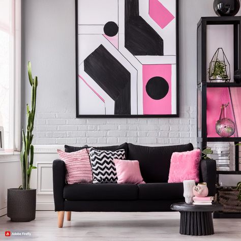 41 Black White Pink Living Room Decor Black Pink Living Room, Black And Pink Living Room, White Pink Living Room, Black And Pink Living Room Decor, Designing A Living Room, Pink Accent Chair, Pink Living Room Decor, Black And White Furniture, Black And White Cushions