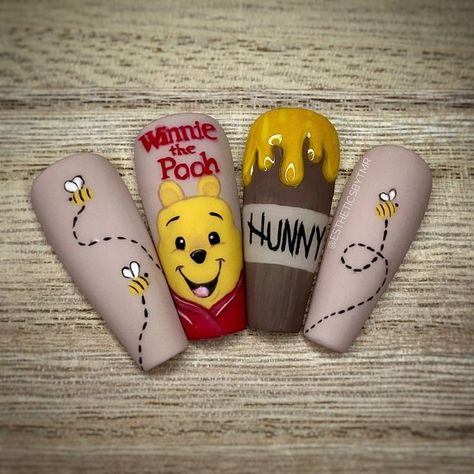 Winnie The Pooh Nails | Disneyland nails, Mickey nails, Disney acrylic nails Winnie The Pooh Nails, Pooh Nails, Disneyland Nails, Disney Nail Designs, Disney Inspired Nails, Disney Acrylic Nails, Mickey Nails, Nail Drawing, Colorful Nails