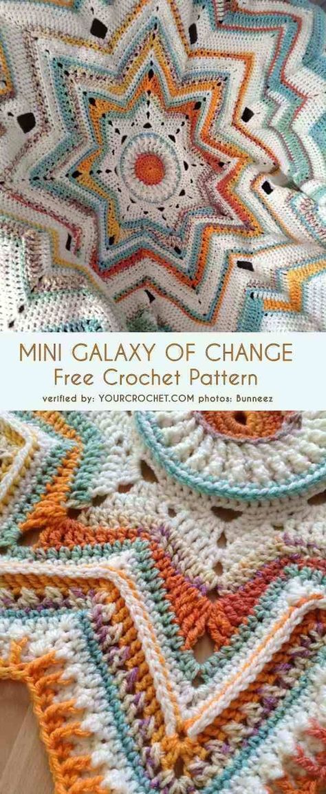 Mini Galaxy of Change is foreseen as a baby blanket and it measure 39� (99cm). Of course you can make it bigger to make a full-size blanket or bed cover This  pattern will give you a lot of possibilities of your own creations. Crochet Round Throw Blanket, Crochet Baby Blanket In The Round, Star Afghan Crochet Pattern Free, Galaxy Crochet Blanket, Crochet Patterns For Free, Crochet In The Round Patterns, Star Blanket Crochet Pattern, Crochet Mandala Blanket, Galaxy Crochet