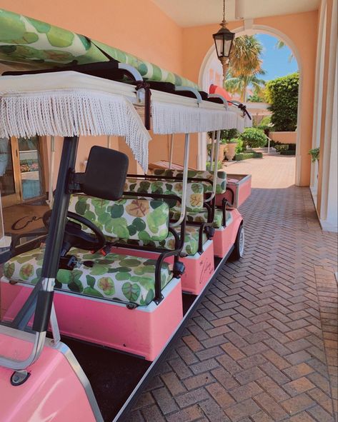 The Colony Hotel Golf Cart Barbie Lilly Pulitzer Pink Palm Leaf Palm Beach Florida Beautiful Girly Vacation Preppy Golf Cart, Campground Business, Cute Golf Cart, Golf Cart Decorating Ideas, Pink Golf Cart, Girly Vacation, Pink Restaurant, Colony Hotel, Kids Party Tables