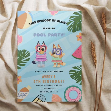 2nd Birthday Pool Party Theme, Bluey Pool Party Invitation, Bluey Birthday Beach Party, Bluey Summer Party, Bluey Swim Party, Bluey Pool Birthday Party, Bluey Beach Party, Bluey Pool Party Ideas, Bluey Party Invitations