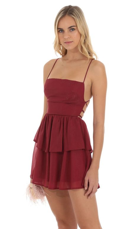 Red Lace Up Shimmer Dress#RedMiniDress #Fashion #OutfitIdea #Style #RedDress #SummerFashion #RedOutfit Maroon Hoco Dress, Dark Red Hoco Dress, Winter Dance Dresses, Red Hoco Dress, Cotillion Dresses, Hoco Dresses Red, Burgundy Homecoming Dresses, Sky Dress, Cute Formal Dresses