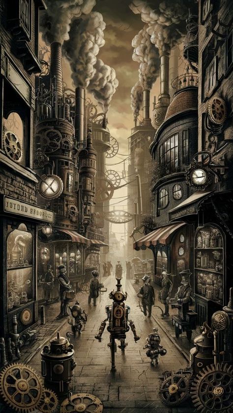 Steam Punk Illustration, Steam Punk Background, Steam Punk World, Steam Punk City, Steampunk Street, Steampunk Factory, Whimsical Steampunk, Steampunk Building, Punk Background