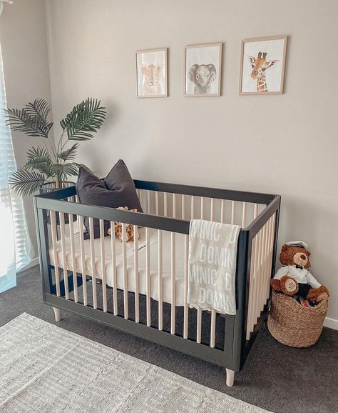 We’re wild about this safari-themed nursery from @chaptersofchilli. Featuring our popular Lolly 3-in-1 Convertible Crib that grows with your baby, in stylish Black and Washed Natural shades for an effortlessly cool look. Black And Wood Dresser Nursery, Black And Natural Nursery, Gender Neutral Nursery Black Crib, Nursery With Black Crib, Black Nursery Furniture, Black Crib Nursery, Outdoorsy Nursery, Black Crib, Modern Nursery Furniture