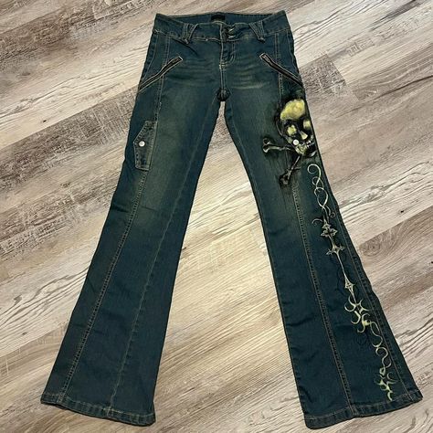 Emo Y2k, Flared Jeans, White Ink, Acid Wash, Flare Jeans, Zipper Pocket, Women's Jeans, Bleach, Women Jeans