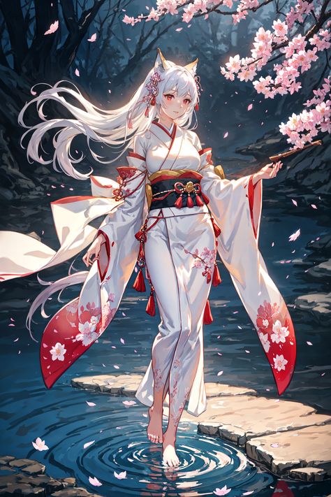 "Unlock the mystery of traditional beauty with this stunning watercolor pin featuring a lady in a red kimono and a fox mask amidst a sakura-filled landscape. Perfect for those captivated by Japanese culture and ethereal elegance." Battle Kimono Female, Anime Kitsune Female, Kitsune Female, Pose Base, Enchanted Characters, Ethereal Elegance, Kitsune Mask, Art Challenges, Red Kimono