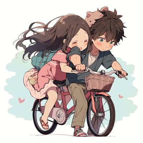 cute chibi anime couple illustration Chibi Base Couple, Bike Couple, Chibi Sketch, Chibi Couple, Riding Bike, Riding A Bike, Couple Illustration, Anime Couple, Couple Cartoon