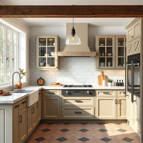 Design a cozy cottage core kitchen with vintage-inspired glass-front cabinets and charming crown molding. #CottageCore #VintageCharm 🌿 English Cottage Kitchen Inspiration, Grandma Core House, Craftsman Cottage Interiors, Cozy Country Kitchen, Cottage Kitchen Inspiration, English Cottage Kitchens, Person Picture, Cottage Core Kitchen, Rustic Living Room Ideas