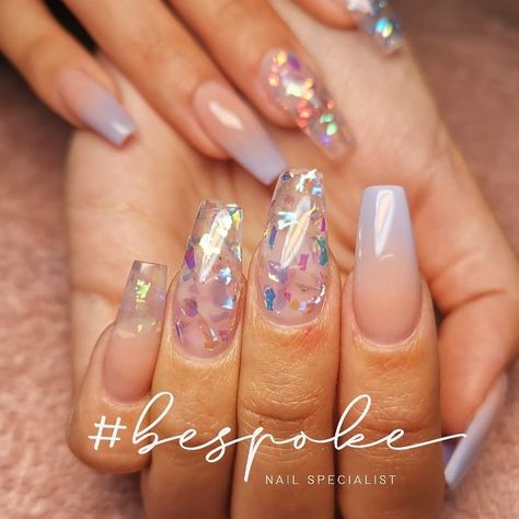 Pastel purple fade with shattered glass nails effect. Clear Nail Extension Designs, Iridescent Fall Nails, Iridescent Nail Art Designs, Glass Looking Nails, Iridescent Flake Nails, Clear Glass Nails, Clear Glass Nail Designs, Glass Nails Acrylic, Glass Acrylic Nails