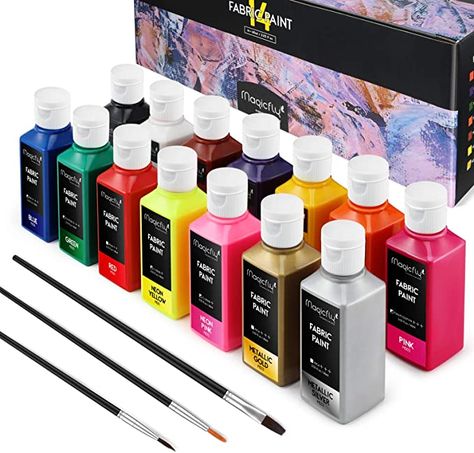 Amazon.com: Magicfly Permanent Soft Fabric Paint Set, Set of 14(60ml Each) Textile Paints with 3 Brushes, No Heating Needed & Washable Fabric Paint for Clothes, Canvas, T-Shirts, Jeans, Bags, All DIY Projects Paint For Clothes, Art Studio Organization, Stationary Items, Plain Canvas, Jeans Bags, Washable Paint, White Acrylic Paint, Painted Clothes, Fabric Markers