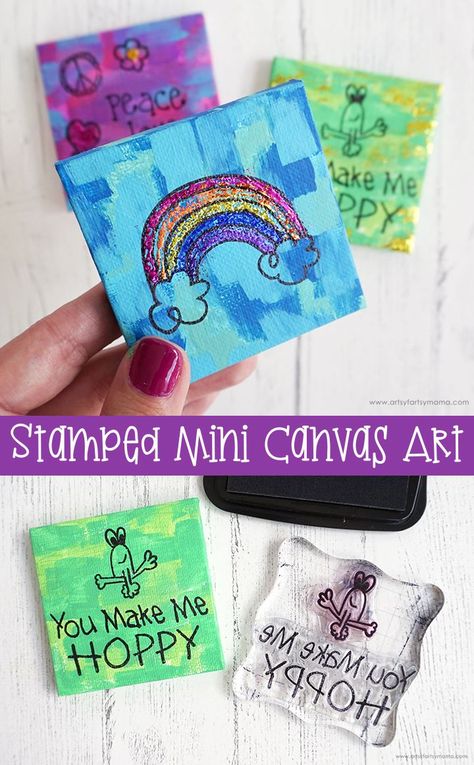 Tiny Canvas Art Easy, Mini Tela, Mini Canvases, Kids Canvas Art, Rainbow Diy, Purple Canvas, Art Therapy Activities, Stamp Blocks, Acrylic Stamp