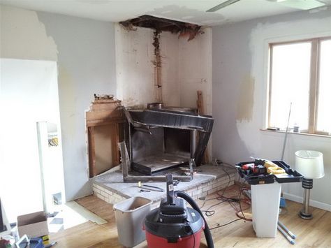 How To Remove a Chimney or Fireplace Yourself Basement Remodel Bedroom, Removing Fireplace, Basement Remodeling Before And After, Basement Shelving, Chimney Decor, Brick Fireplaces, Old Basement, Stairs Storage, Crown Moldings