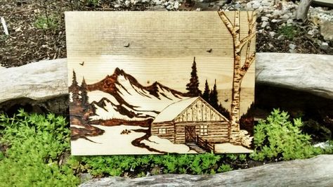 Pyrography, Wood burning art, Mountain abstact, Pine scene, Landscape art, Moutain Cabin Scene, Moun Repurpose Crafts, Wood Pyrography, Cabin Mountain, Birches Painting, Rustic Wood Crafts, Wood Burning Stencils, Rustic Decorating, Diy Pallets, Barn Wood Crafts