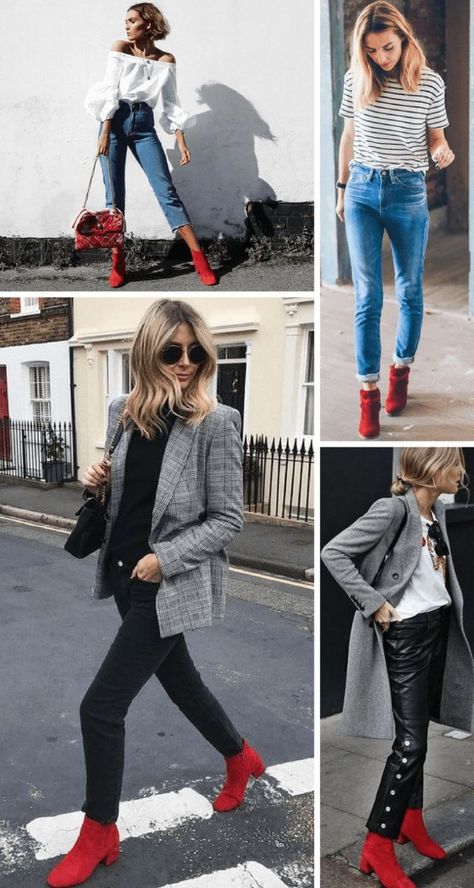 Red Booties Outfit, Red Boots Outfit, Red Shoes Outfit, 15 Outfits, Casual Oufits, Outfit Botas, Over The Knee Boot Outfit, Red Booties, Booties Outfit